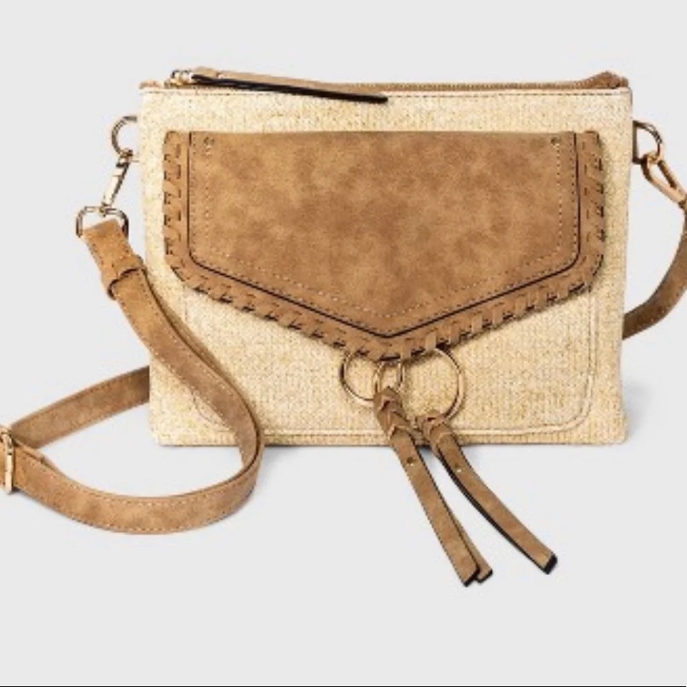 VR NYC Light beige  Braided O-Ring Messenger Crossbody Laser Cut Bag New w/Tags